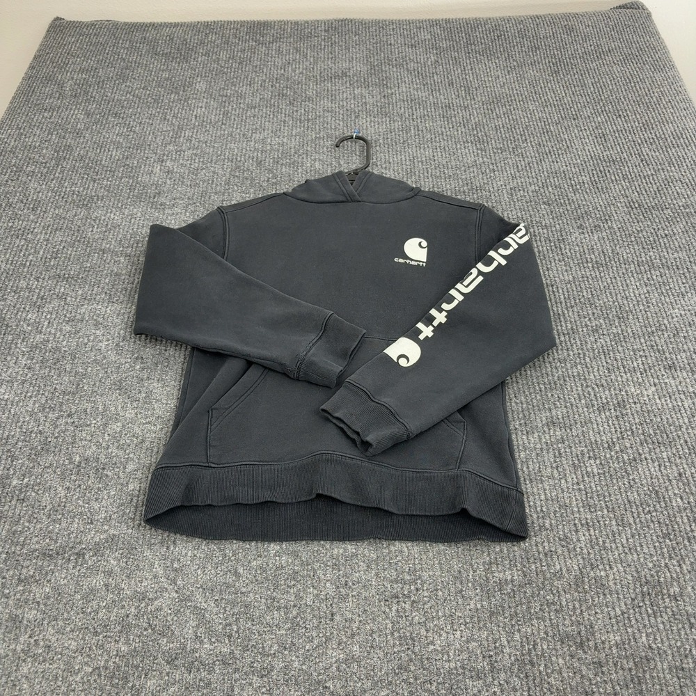 Carhartt Hoodie Boys M Black Cotton Sleeve Logo Graphic TS6212-B Workwear Style